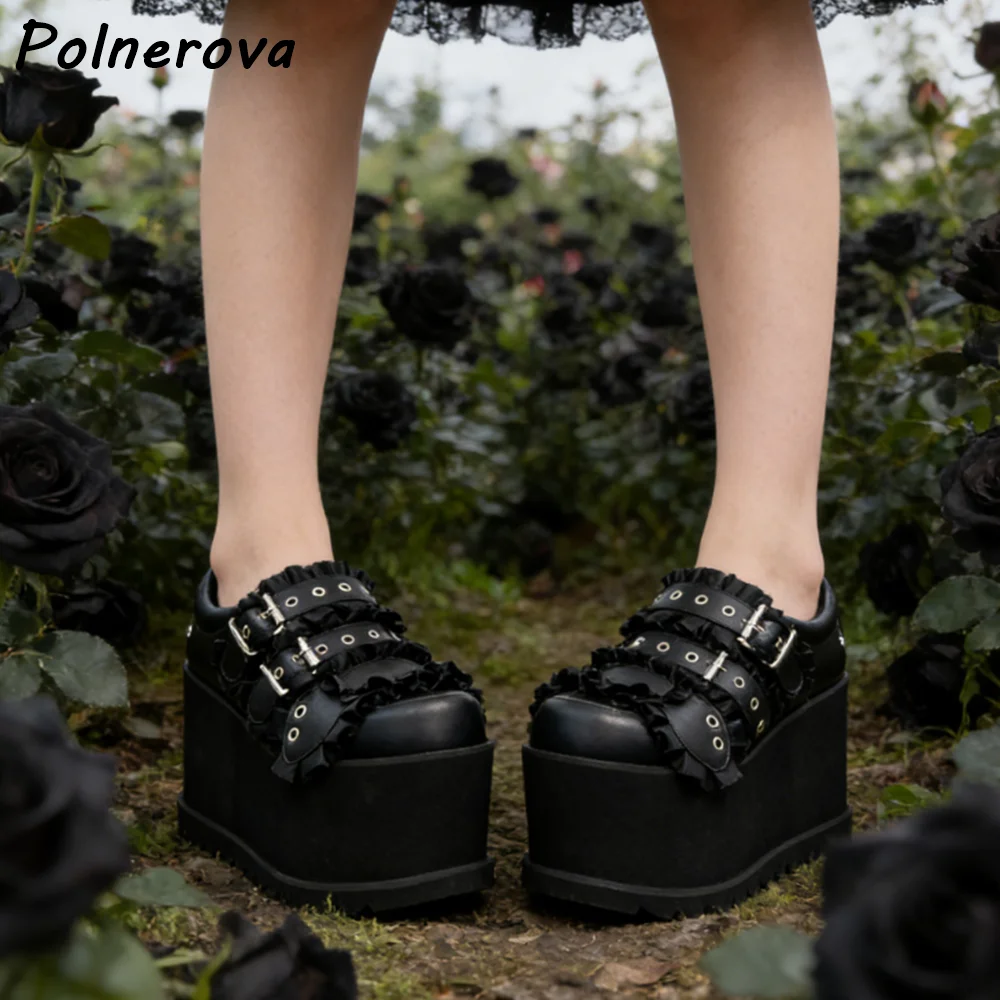 Gothic Lolita Platform Wedge Pumps Ruffle Buckle Detail Punk Harajuku Streetwear Shoes Women's Shallow All Match Black Shoes