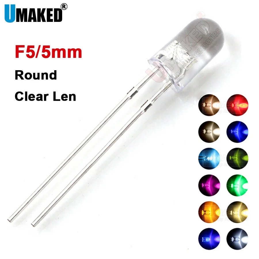 1000pcs F5 5mm Clear LED round lamps diodes chip 3.2-3.4v 20mA light beads F5 led Emitting diodes WW/W/R/G/B/Y Lighting DIY lamp