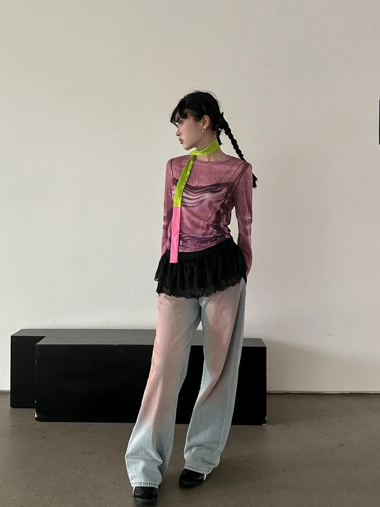 Yedinas Y2k Mesh Tops Long Sleeve T Shirt Women Clothes Sheer T Shirt Women Clothes Summer Tops Chic See Through Tees Tshirts