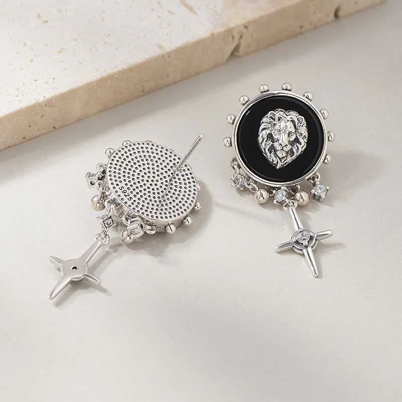 S925 Sterling Silver Charms Studs Earrings for Women New Fashion Emboss Lion Agate Tassel Cross Ear Studs Jewelry Free Shipping