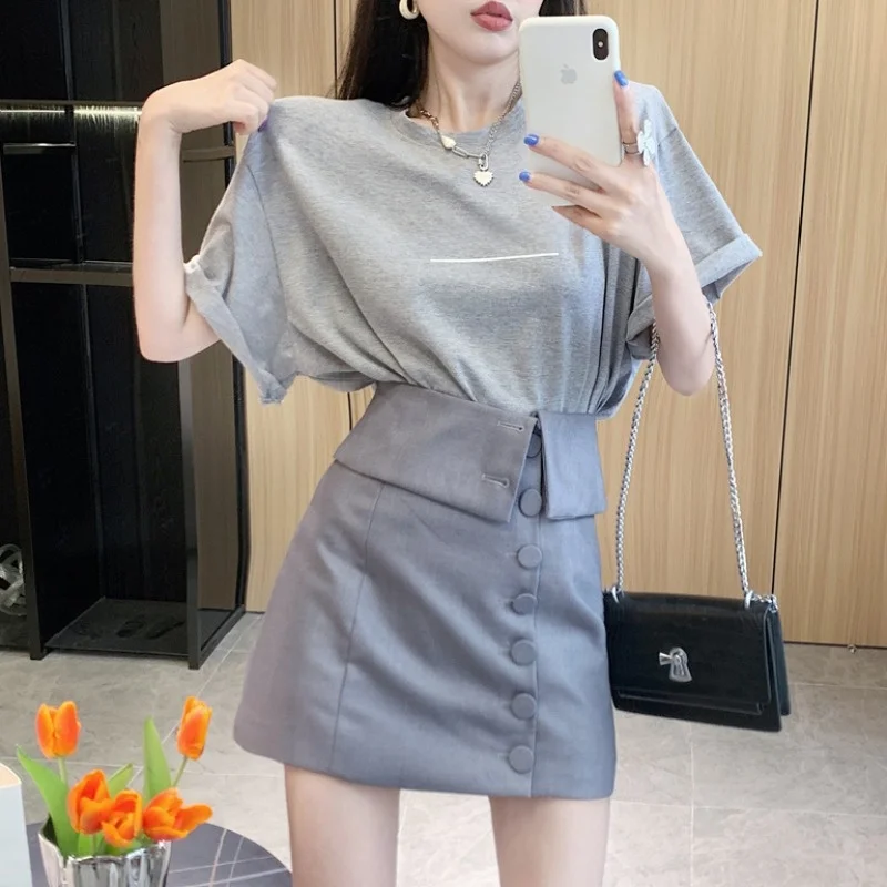 

Fashionable Loose Midi Top And Short Skirt Set High Waist Elegant Print Sleeveless T-Shirt And Skirt Two Piece Ensemble