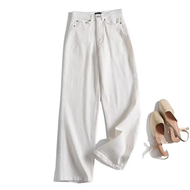 Afslankende witte jeans met hoge taille, retro Amerikaanse stijl, rechte broek met wijde pijpen voor lente en zomer