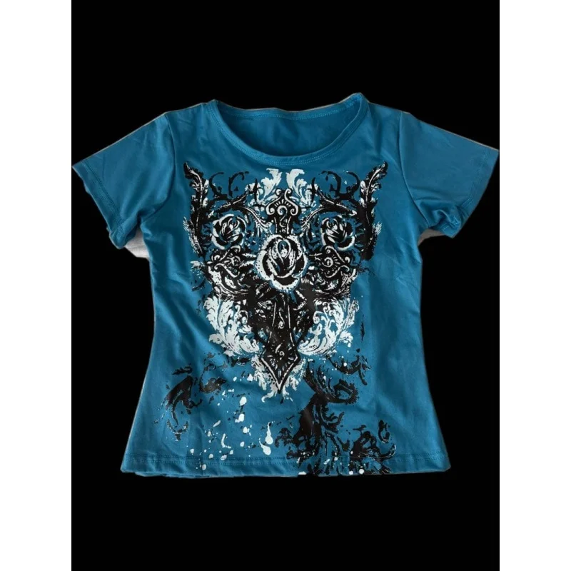 الألفية ثقافة فرعية Y2k القوطية الرجعية Harajuku الأزرق قصيرة الأكمام تي شيرت علوي الصيف شارع العليا موضة تنوعا تي شيرت #4