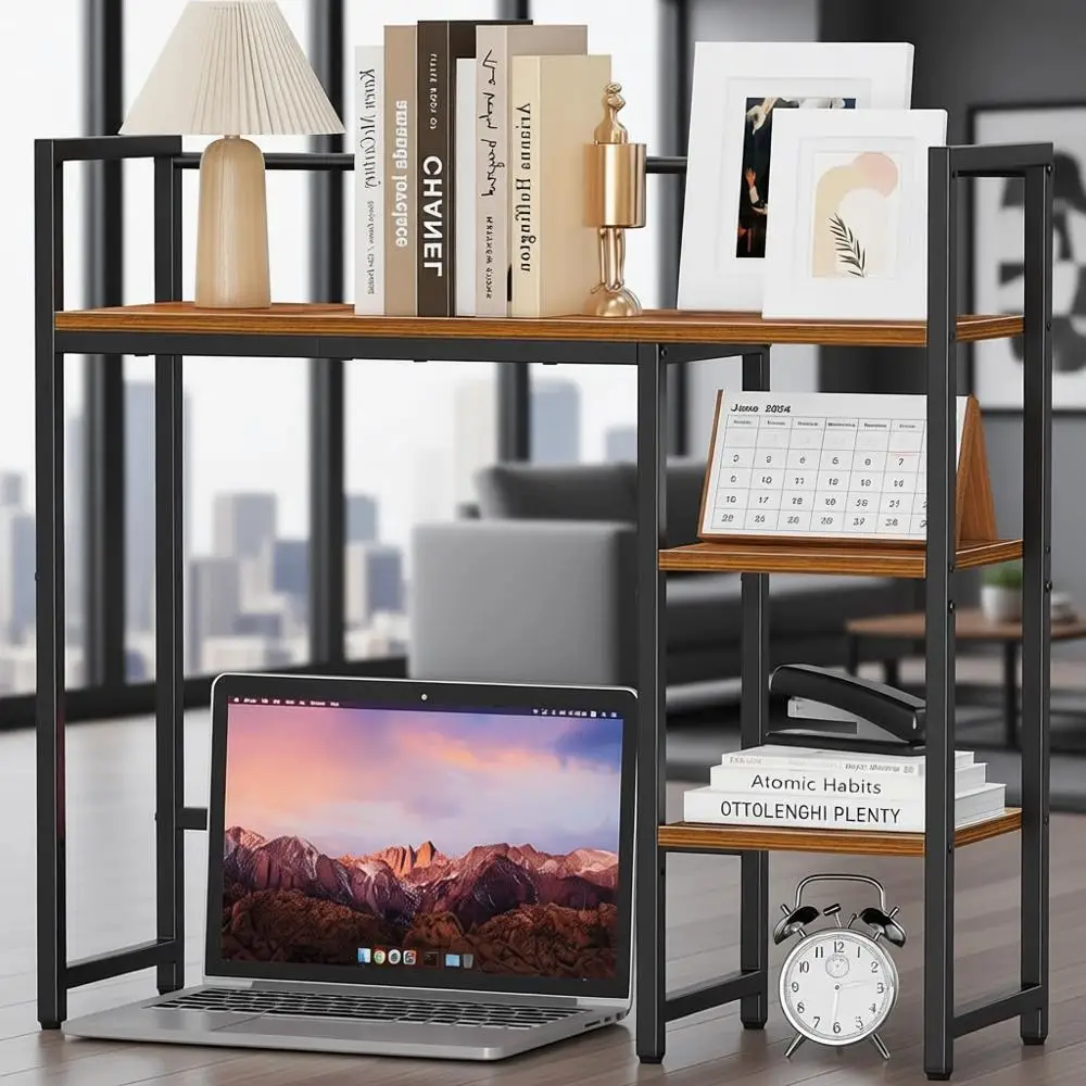 

Настольный органайзер из дерева с 4 полками, подставка для монитора, стеллаж для хранения для дома, офиса или общежития, цвет: рустик-коричневый