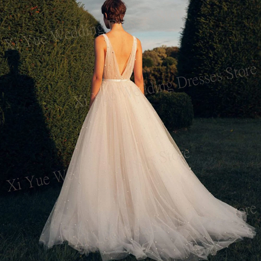 Sexy Exquisite Deep V Neck Wedding Dresses New A-Line Open Back Sleeveless Pearls Tulle Bride Gowns Custom Made Robe De Mariée