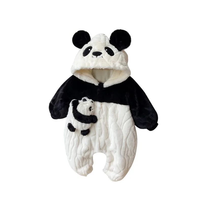 New Baby Onesie for Autumn and Winter with Velvet Red Panda Plush Hooded Climbing Suit Is Comfortable and Warm