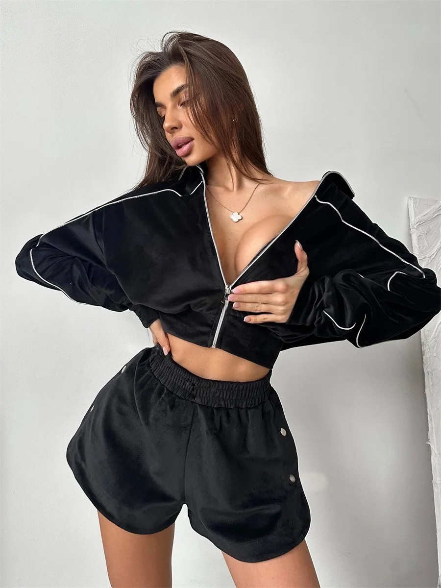 Summer Women Long Sleeved Zipper Two Piece Sets Top Elastic Shorts Outfits Fashion Striped Casual Suits Lapel Tracksuits 2026