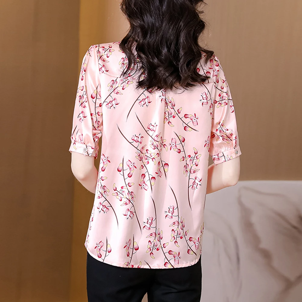 New Summer Fashion Printed Satin Blouses Women 2024 Office Lady Short Sleeve Shirts Outwear Tops Female Casual Clothes Blusas