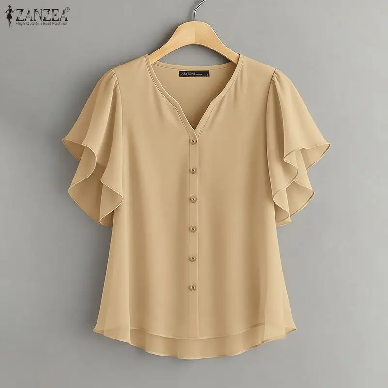 2026 ZANZEA Summer Blouse Elegant Women V Neck Short Ruffled Sleeve Tops Casual OL Work Blusas Femme Stylish Solid Holiday Shirt