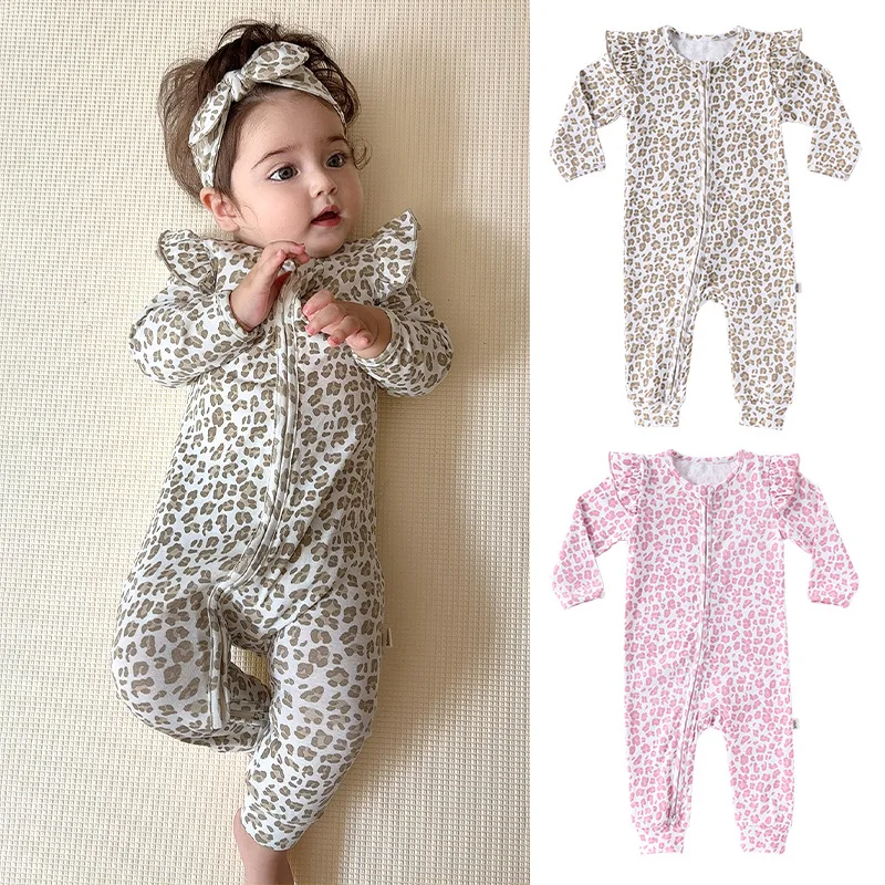 0-24M Leopard Baby Girl Romper Newborn Kid Baby Clothes Autumn Winter Zipper Jumpsuit Cotton Cute Lovely Outfit