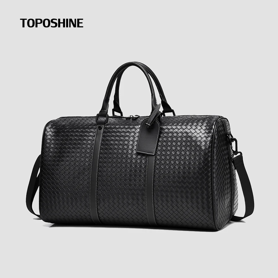 Toposhine Premium Black Woven Leather Duffle Bag for Men or Women Large Capacity Travel Weekender Bag Business Trip Gym Getaways