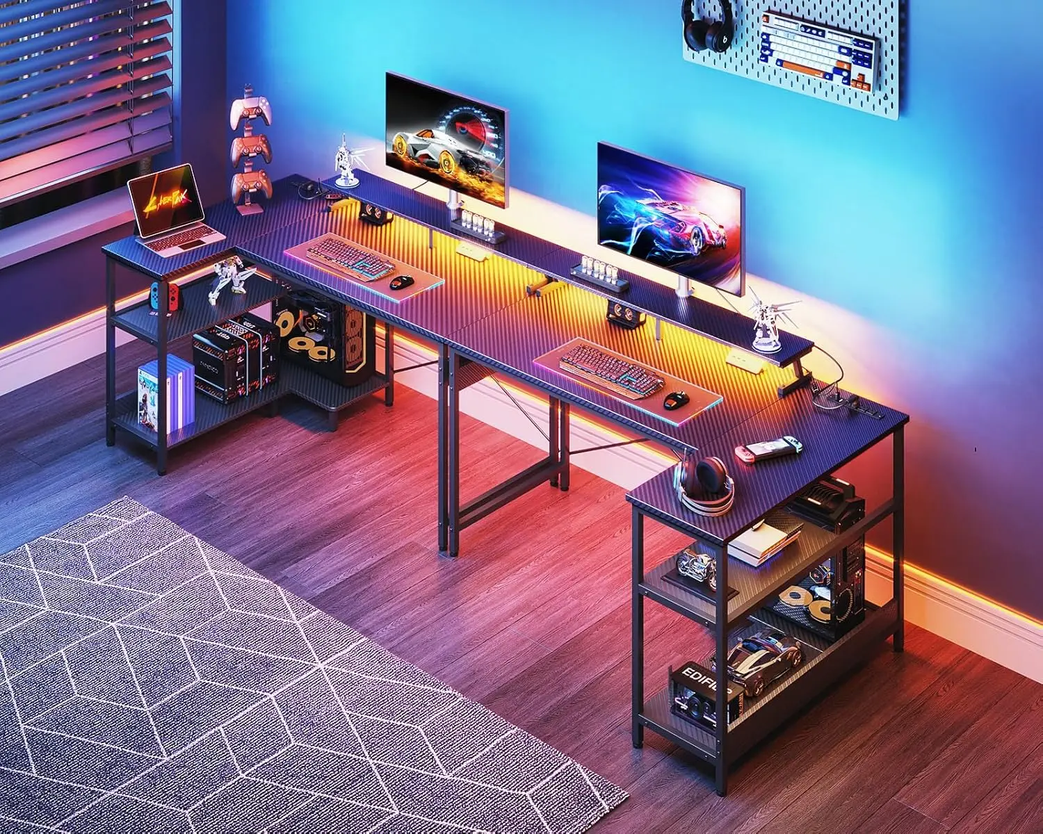 

48 Inch Gaming Desk with USB Charging Ports and LED Lights,Reversible L Shaped Computer Desk,Storage Shelves & Monitor Stand