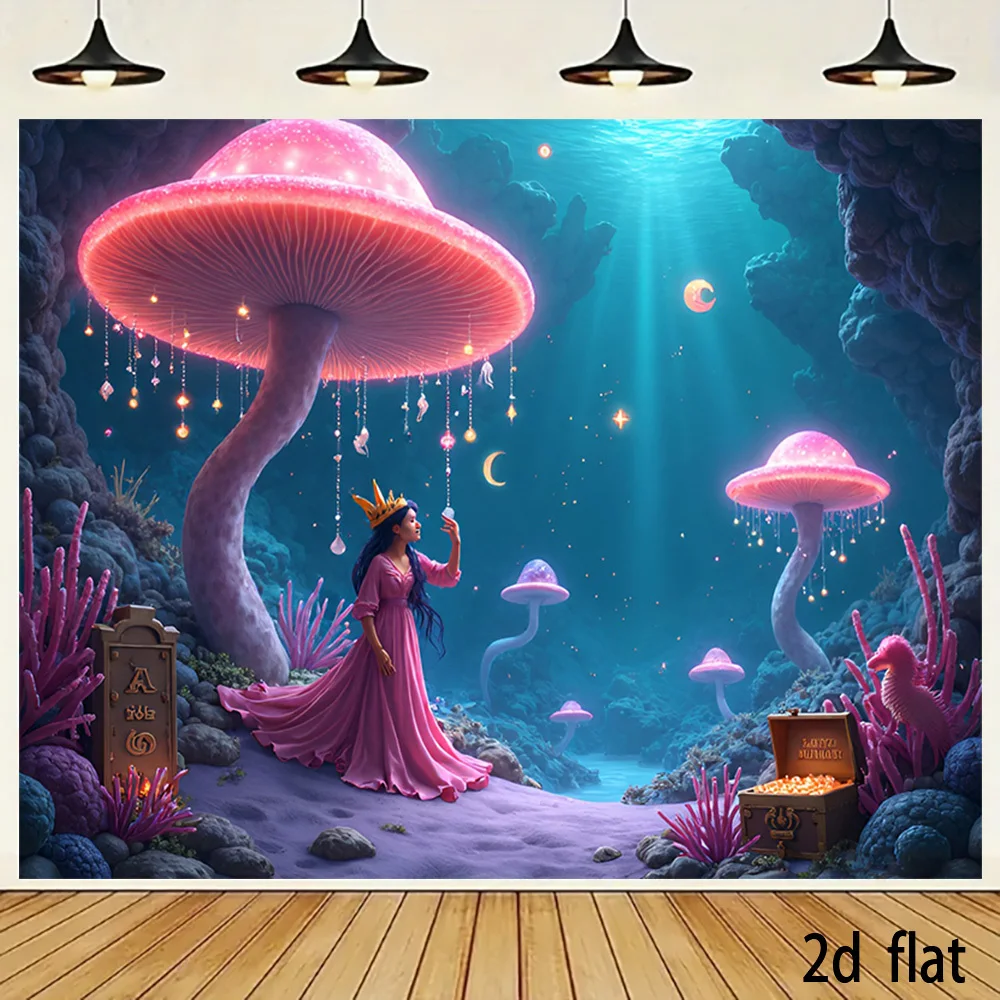 2D Flat, Underwater Mushroom Forest Tapestry Fantasy Scene Princess Crown Treasure Chest Magical Glow Home Decor