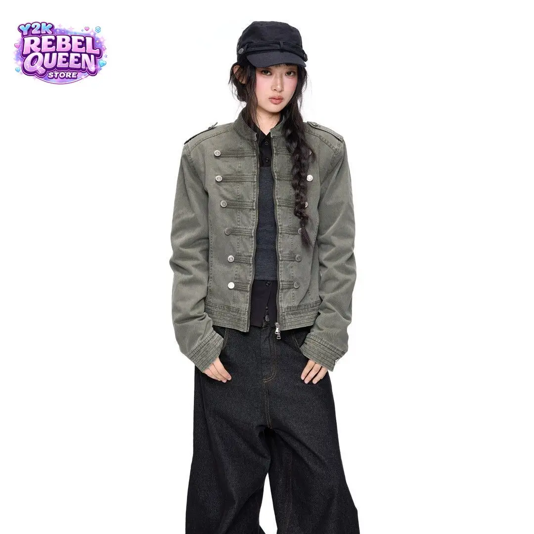 Vintage Military Style Washed Cropped Jacket Women Double Breasted Stand Collar Slim Fit Streetwear Casual Outerwear Coat