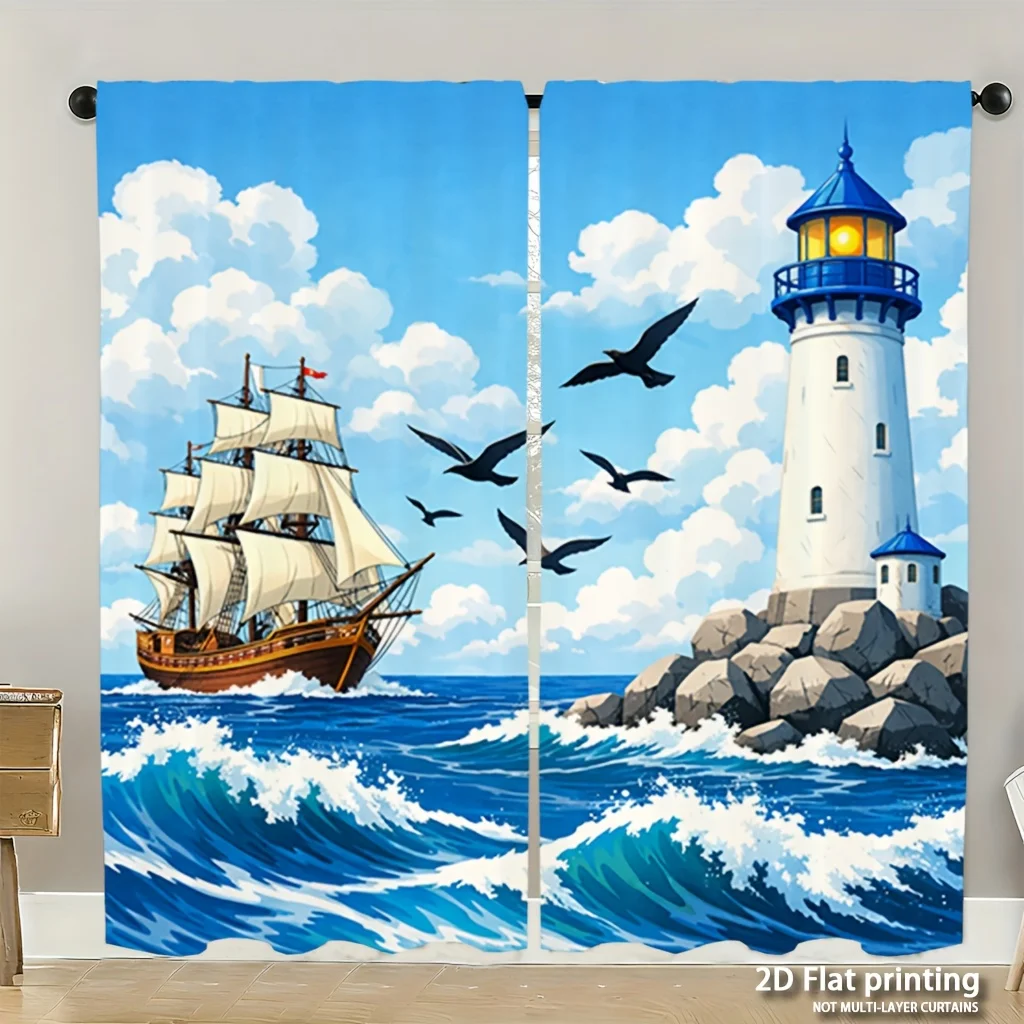 Vintage Sailing Ship & Lighthouse Curtain Blue Ocean Wave Seagull Print Drape Nautical Coastal Theme Window Treatment for Living