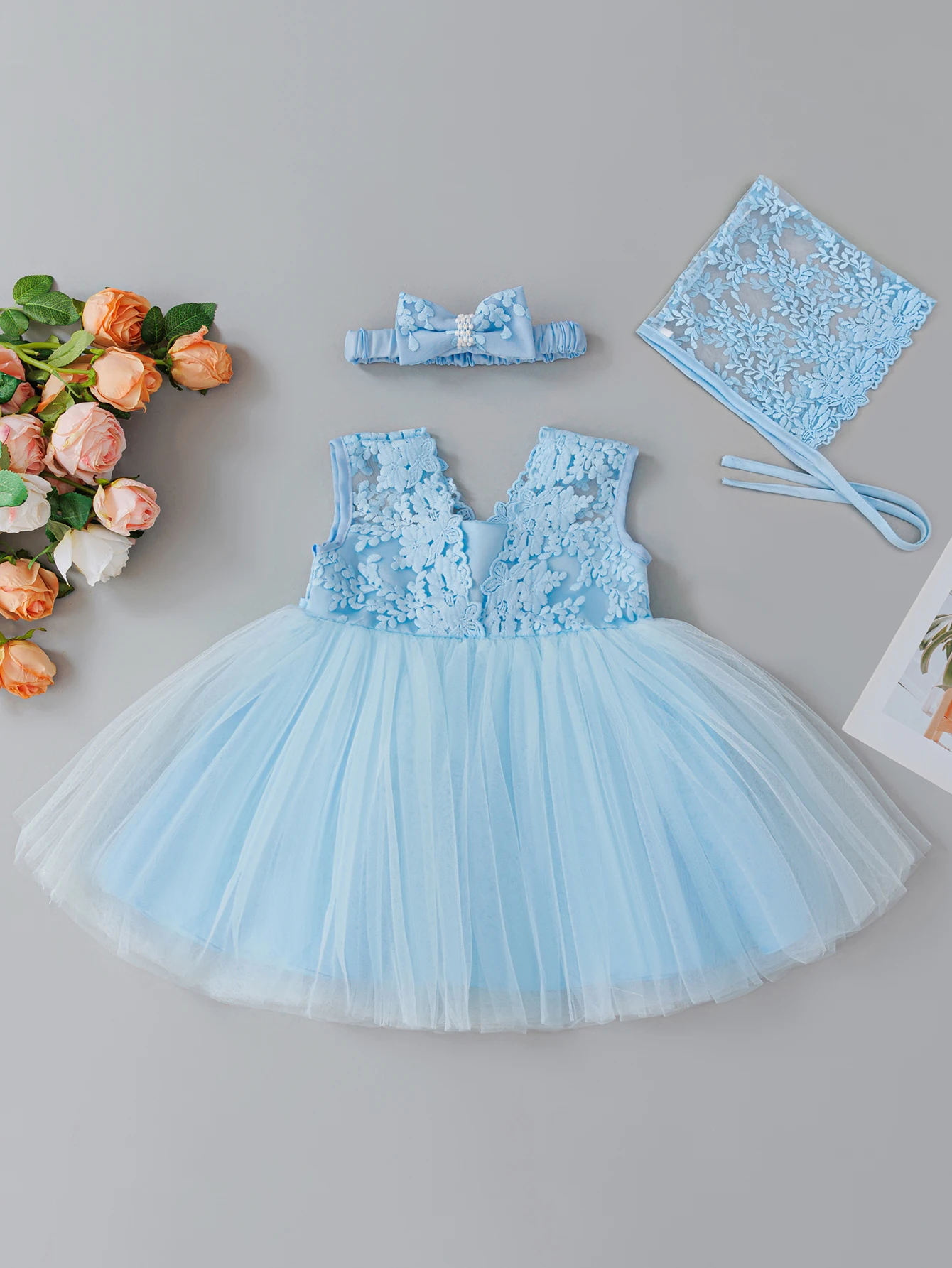 Baby Girl 0-2 Years Old Blue Dress Set Wedding Flower Girl One Year Old Fluffy Gauze Dress Set
