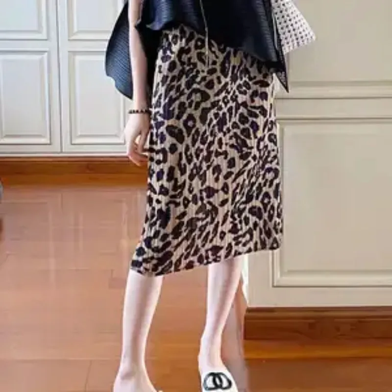 Womens Leopard Print Pleated A Line Midi Skirt Elastic Waist For Summer