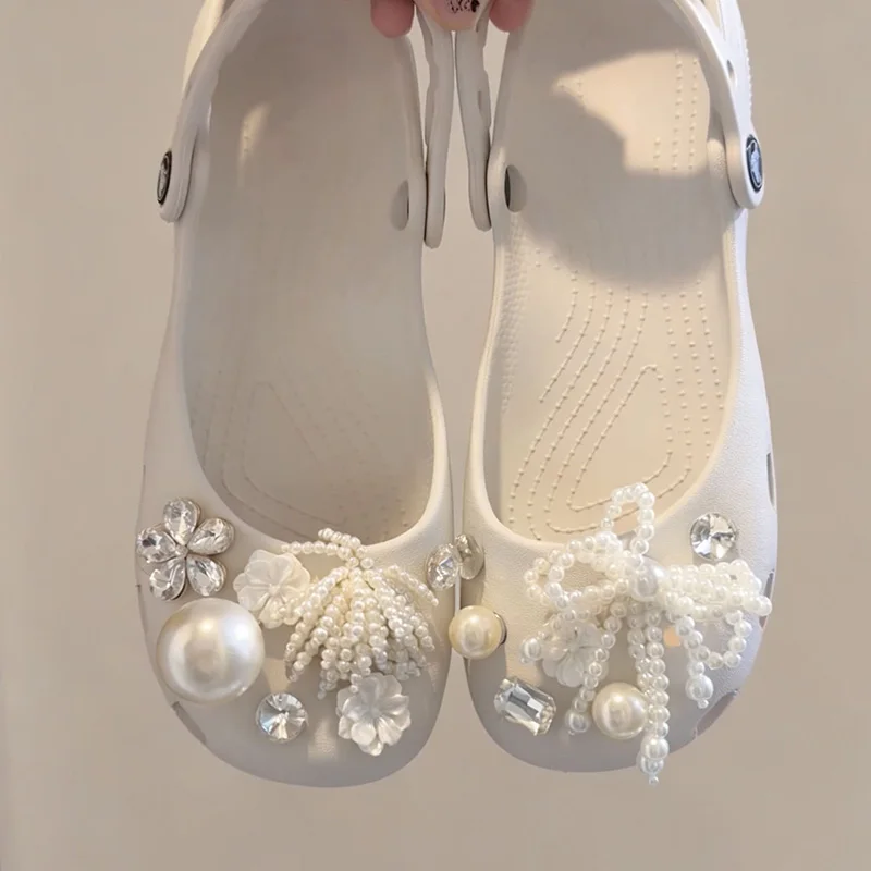 Elegant Ladies Pearl Floral Ballet Flats Summer 2026 Soft Bottom Flat Heels Clogs Women Pink Crystal EVA Slippers Woman Mules