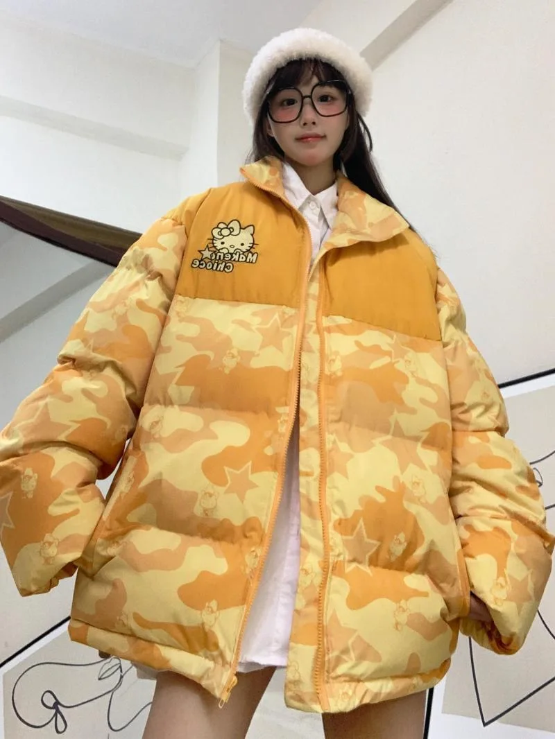 Miniso Plus Size Hello Kitty Winter Coat Women American Retro Loose Mixes Camouflage Zipper Bread Jacket Couple Cotton Clothes