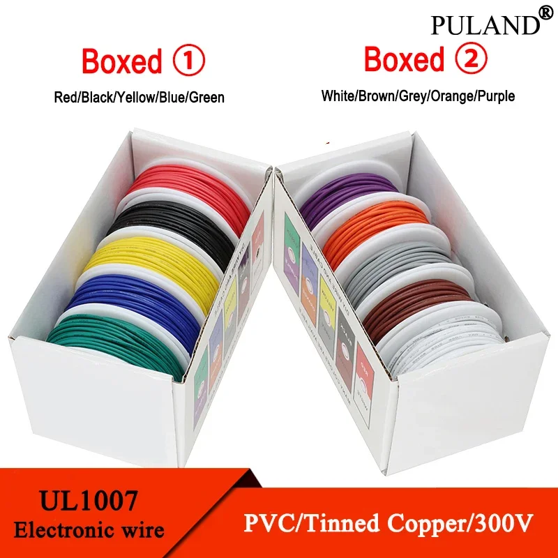 

Boxed UL1007 Wire PVC Insulated Tinned Copper Cable 5 Colors Kit 30/28/26/24/22/20/18/16 AWG Stranded Electrical Line PCB Wire