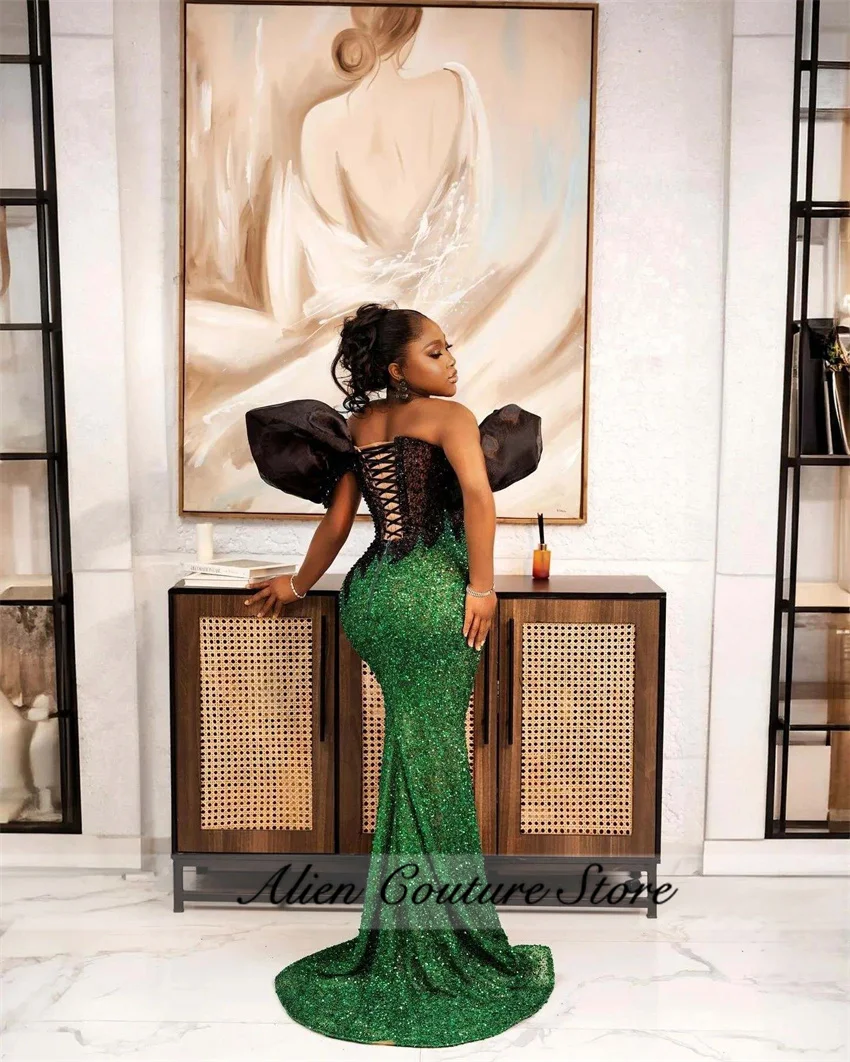 Sparkly Green Bead Mermaid Evening Dresses For Women 2024 Side Split Sequin Crystal Birthday Party  Prom Dress  Customized