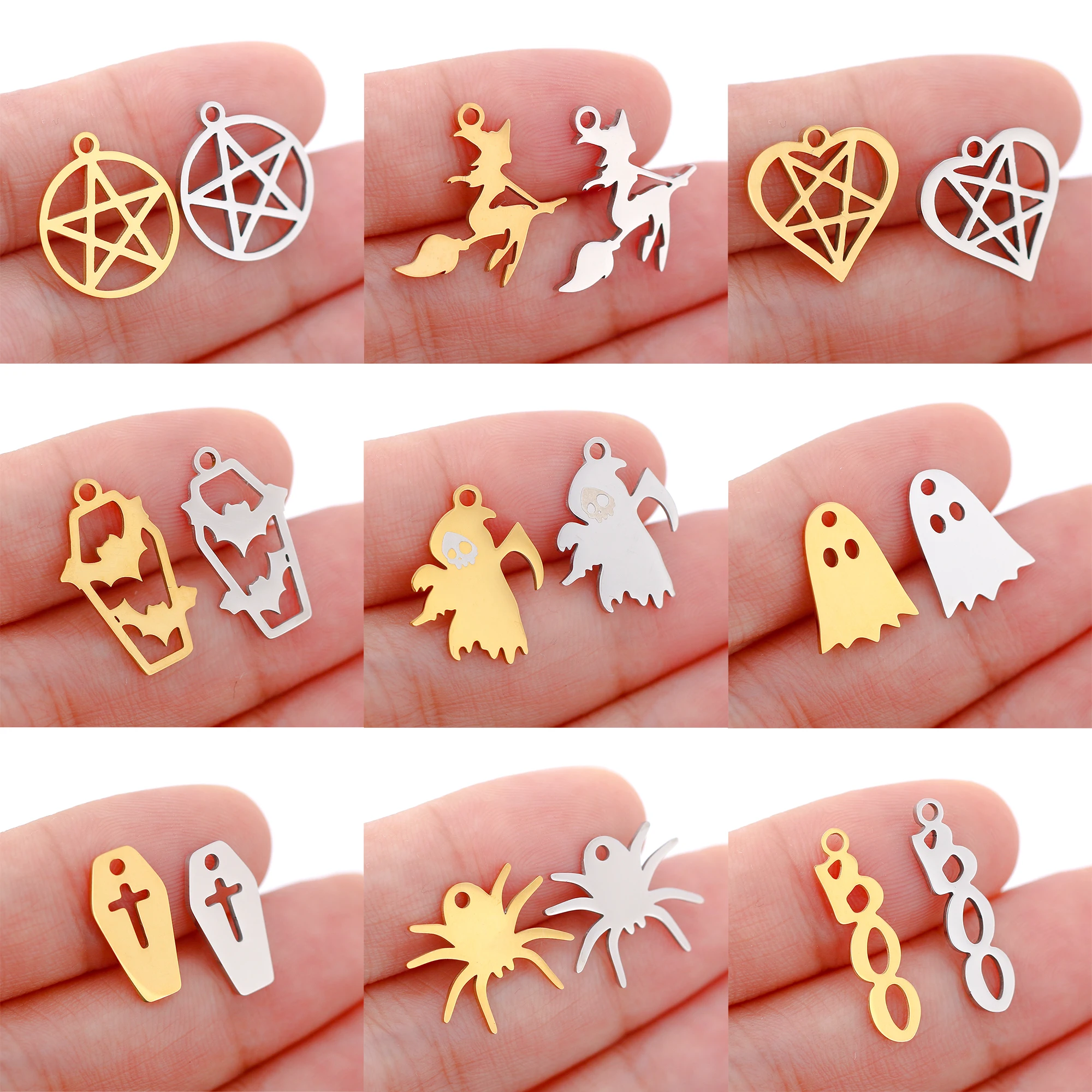 5Pcs/Lot Hollow Halloween Theme Charms Stainless Steel Skull/Pumpkin/Vampire Bat/Witch/Spider/Ghost Pendants For Jewelry Makings