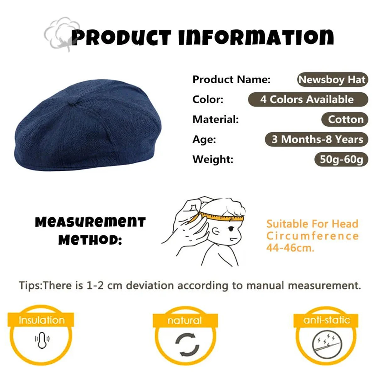 Baby Boys Newsboy Hat Kids Herringbone Flat Cap Infant Retro Beret Accessories Toddler Felt Soft Lining Thick Warm