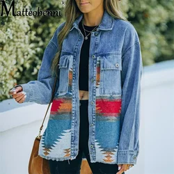 Chaqueta vaquera de manga larga para mujer, ropa de moda azteca, botones sueltos, solapa de vaquero empalmada, ropa de calle informal salvaje, otoño e invierno, nuevo