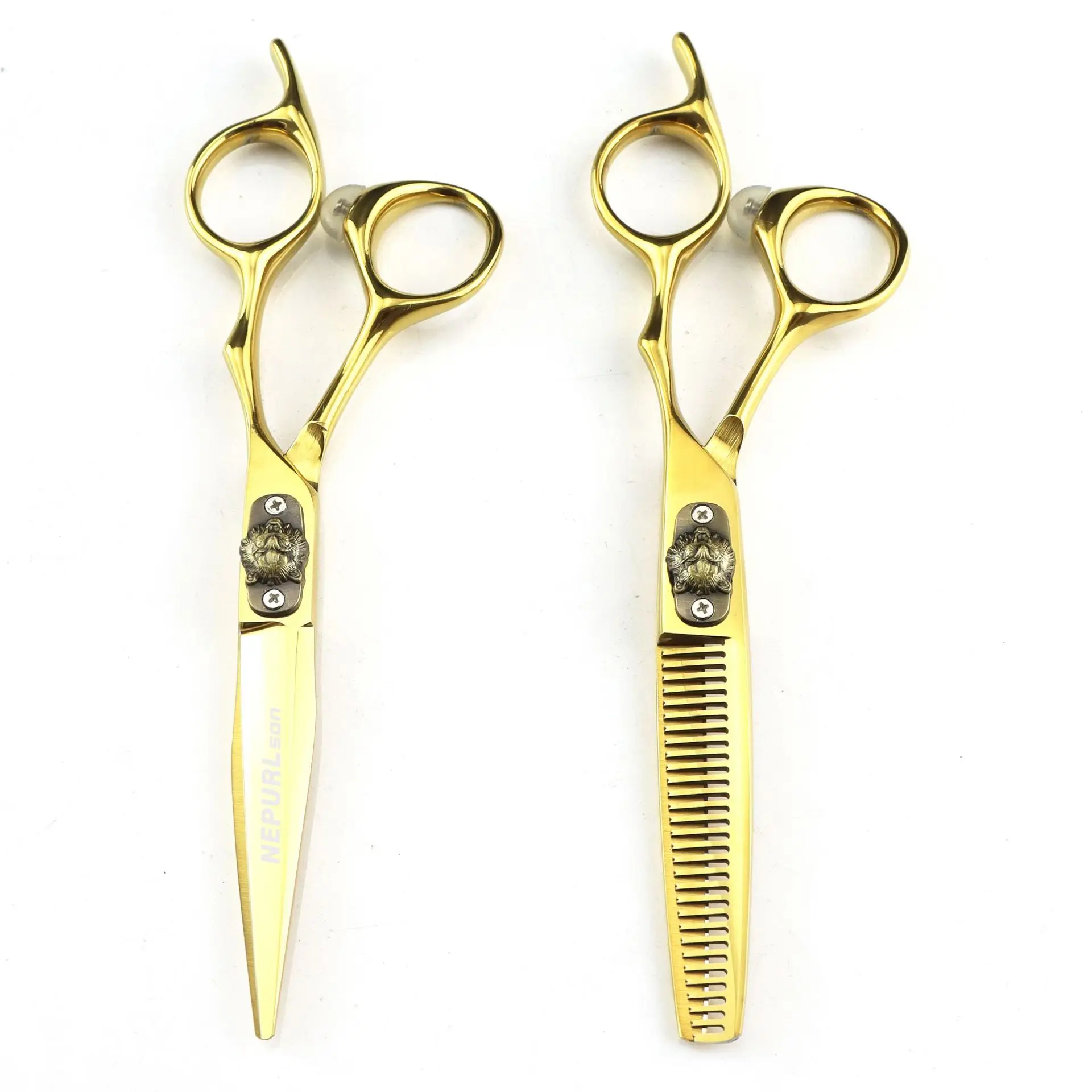 6.0-inch golden tiger-head cover plate hair scissors with straight blades and teeth, high-end 440c steel salon scissors