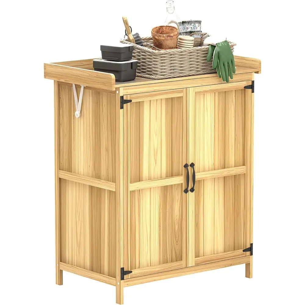 

Садовый шкаф для хранения из натурального дерева с металлической столешницей и полками для садовых инструментов и рабочей станции для рыхления почвы