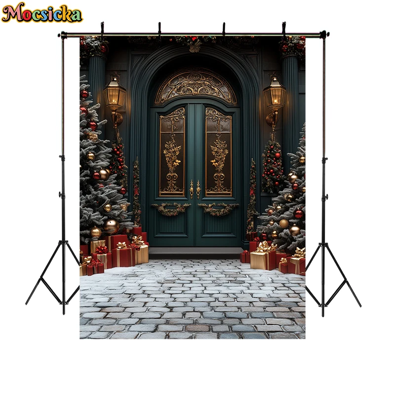 Mocsicka Christmas Arch Wooden Door Photography Background Xmas Tree Wreath Decor Kids Adult Portrait Photo Backdrop Studio