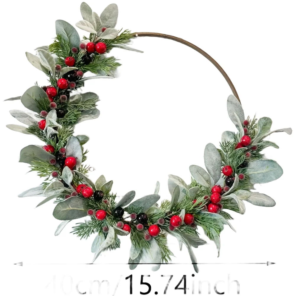 Christmas Wreath With Red Berries Pine Cones 40cm Artificial Garland For Front Door Wall Holiday Home Garden Decoration