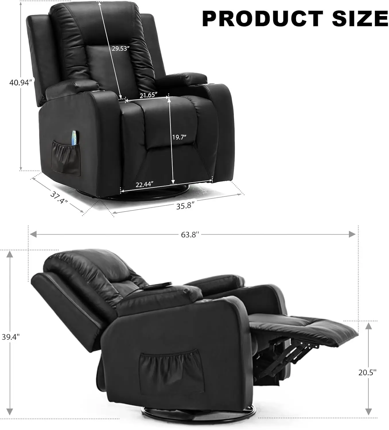 Recliner Chair, PU Rocking Chair for Adults, Swivel Recliner with Cup Holders, Heat and Massage, Single Sofa Seat with