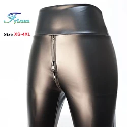 Women Matte Black PU Leather Pants Double Zippe High Waist Leggings Thick Elastion Slim Nightclub Leggings Ankle-Length Trousers