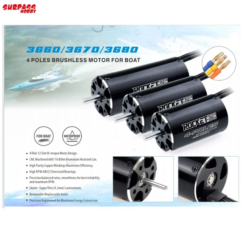 

SURPASS HOBBY Rocket-RC 3660 3670 Бесщеточный безсенсорный двигатель 2280KV 2600KV 3050KV 4-полюсный вал 5 0 мм для радиоуправляемой лодки