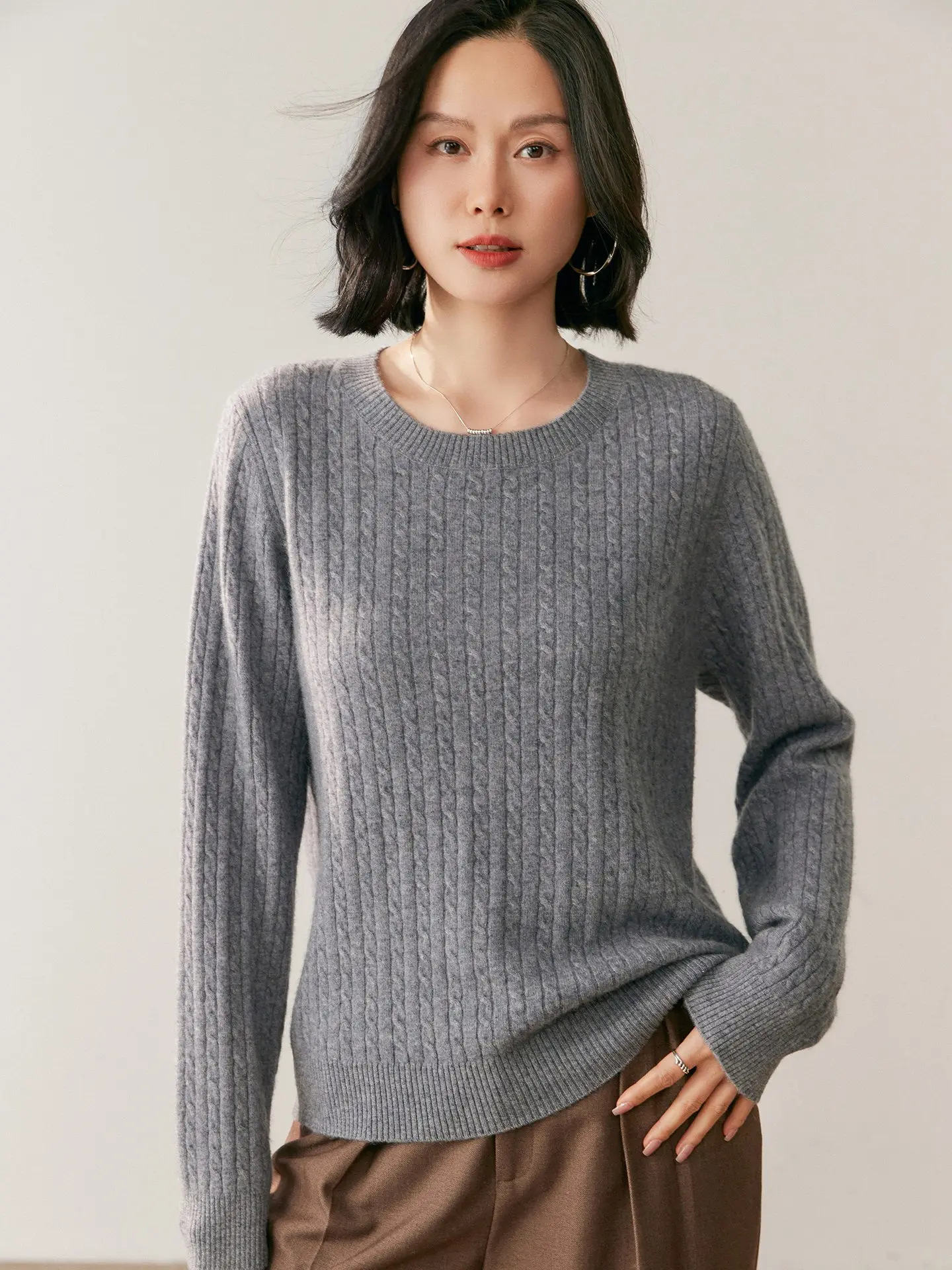

Cable Stitch O-Neck 12GG Simple Solid Color 100% Cashmere Knitted Women's Pullovers Long Sleeve Soft Warm Sweater Tops