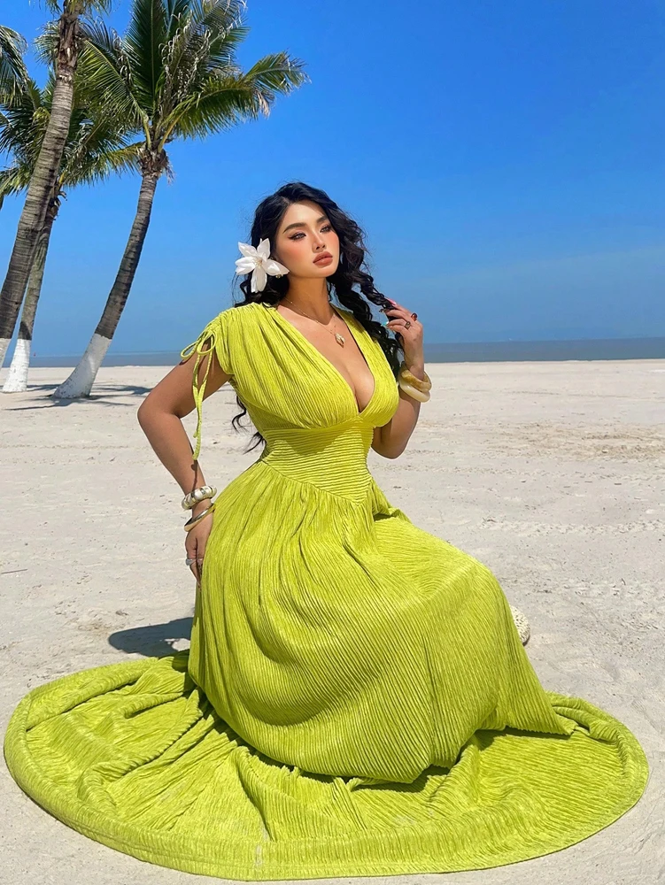 Plus size feminino férias casual beira-mar cintura brilhante vestido de manga curta feriado romântico pulôver de cor pura