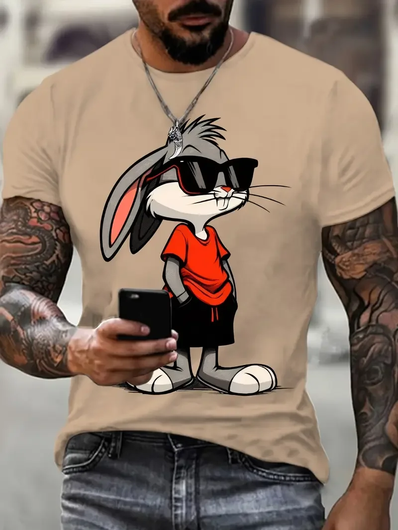 New glasses wearing cartoon rabbit men's T-shirt fashion animal and cartoon print design round neck casual sports men's Clothing image 5