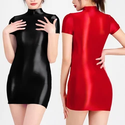 Satin Shiny Sexy Women Bodycon Dress Oil Glossy Smooth Sheer Micro Mini Dress See Through Sexy Tight Pencil White Party Dress