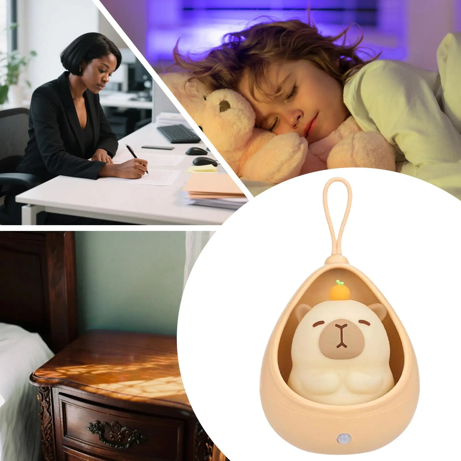 Luz nocturna de capibara, luz nocturna de silicona, recargable, Squishy, adorno con detección automática, iluminación para guardería, escritorio, dormitorio, niños