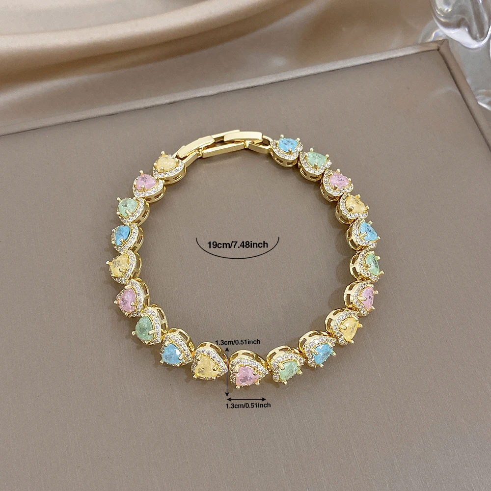 AENSOA Damen-Armband aus Kupfermaterial, zierliche, bunte Herz-Zirkon-Handkette, klassischer, romantischer, wasserdichter Schmuck – Detail 7