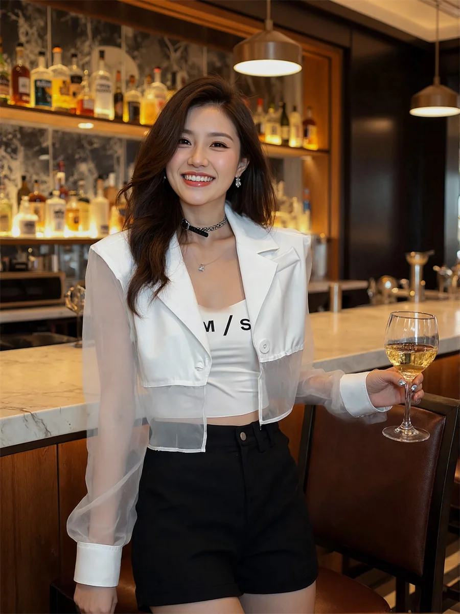 Sun-proof Cropped See-through Back-Slit Blazers Elegant Woman Clothes For Women Temperamet Slim-Fit Crew-Neck Zip Shimmer Splied