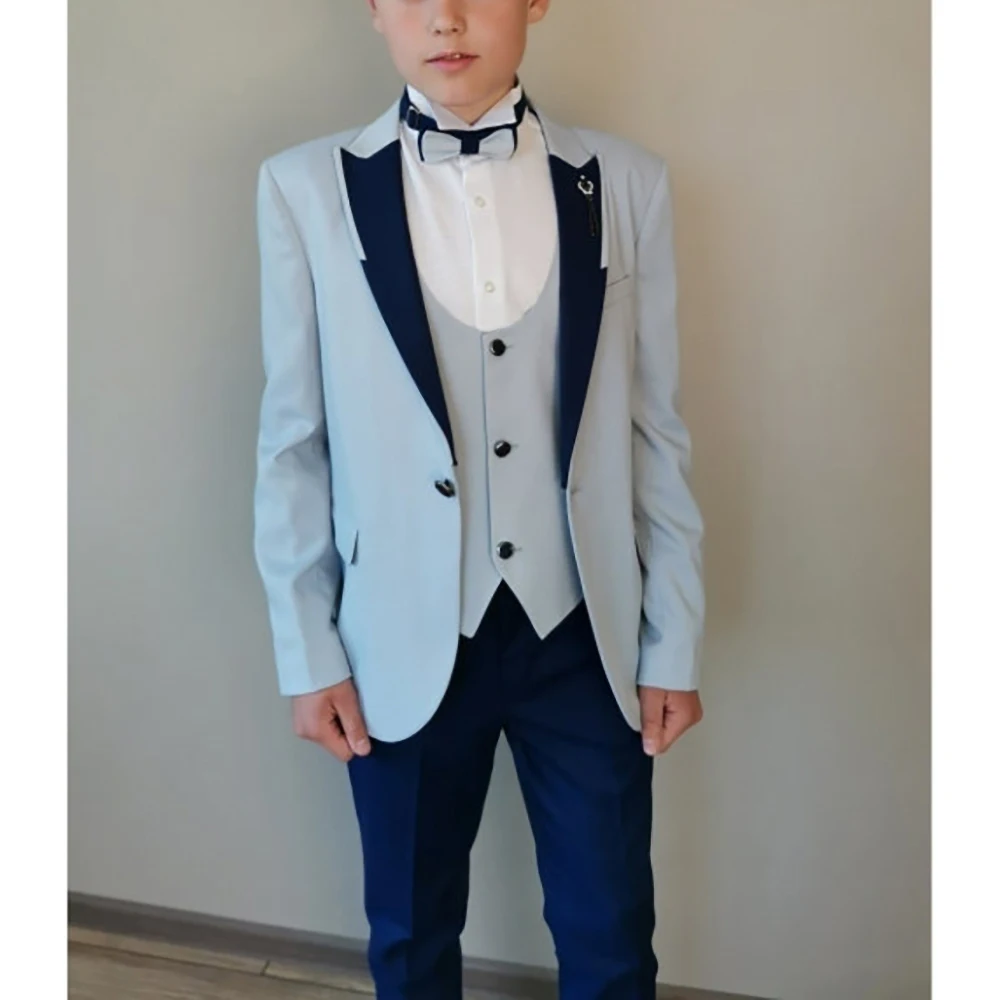 High-end Boy Suits Chic Peak Lapel Single Button Blazer Sets Elegant Formal Wedding Tuxedo 3 Piece England Style Child Suit