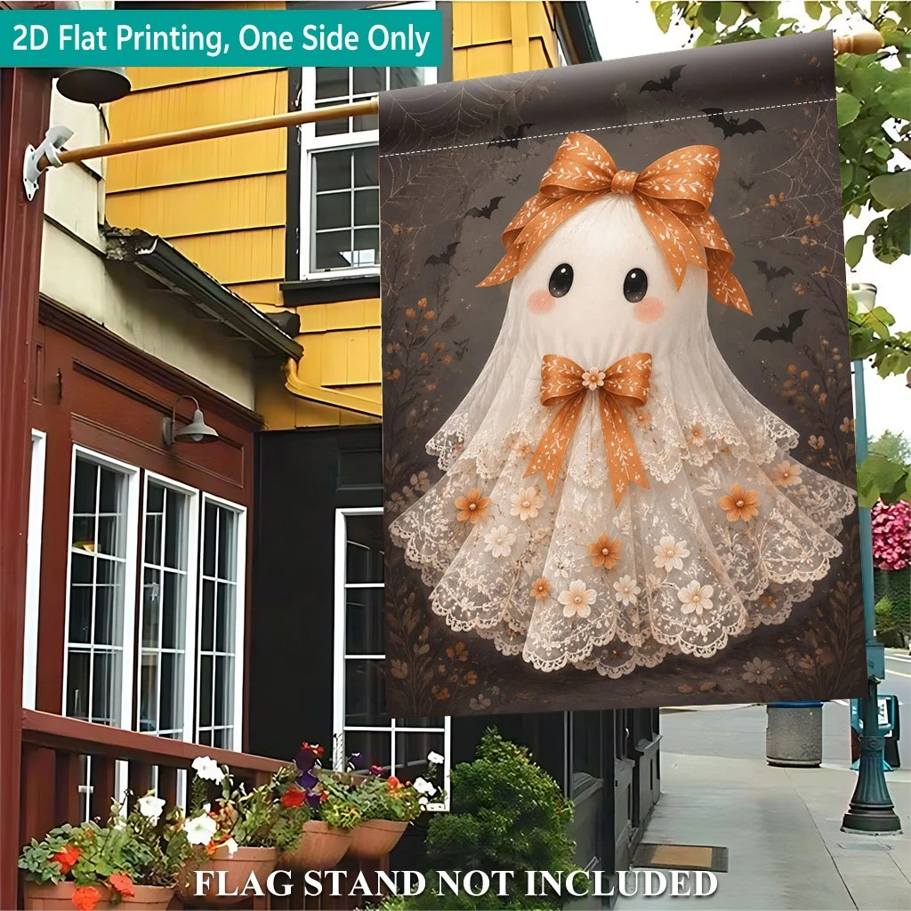 1pcs Vintage Coquette Ghost Halloween Garden Flag Cute Lace Bow Ghost Yard Flag for Fall Halloween Outdoor Decor One Side Print