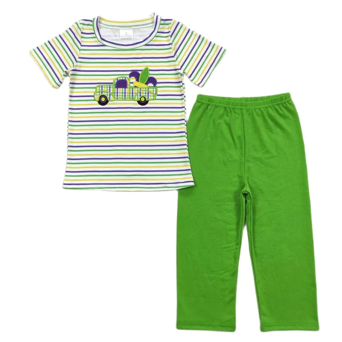 

Wholesale Children Short Sleeves Buttons T-shirt Tee Toddler Infant Green Pants Kids Boutique Outfit Baby Boy Mardi Gras Set