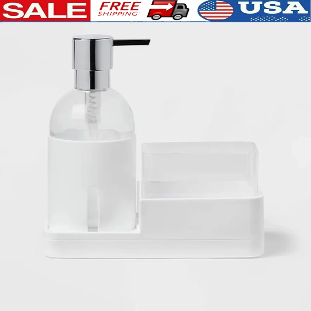 

Plastic Soap Pump with Silicone Holder Kitchen Caddy Tray Freestanding Design Cleaning Essentials Organizer Home Sink Storage