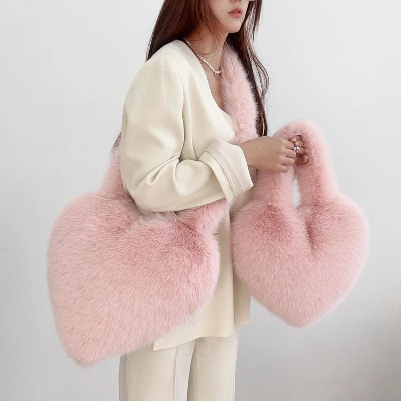 Sac à main en peluche rose pour filles, sac à provisions pour filles, cadeau de Noël, amour, luxe, doux, chaud, designer, initié, femme, 2024