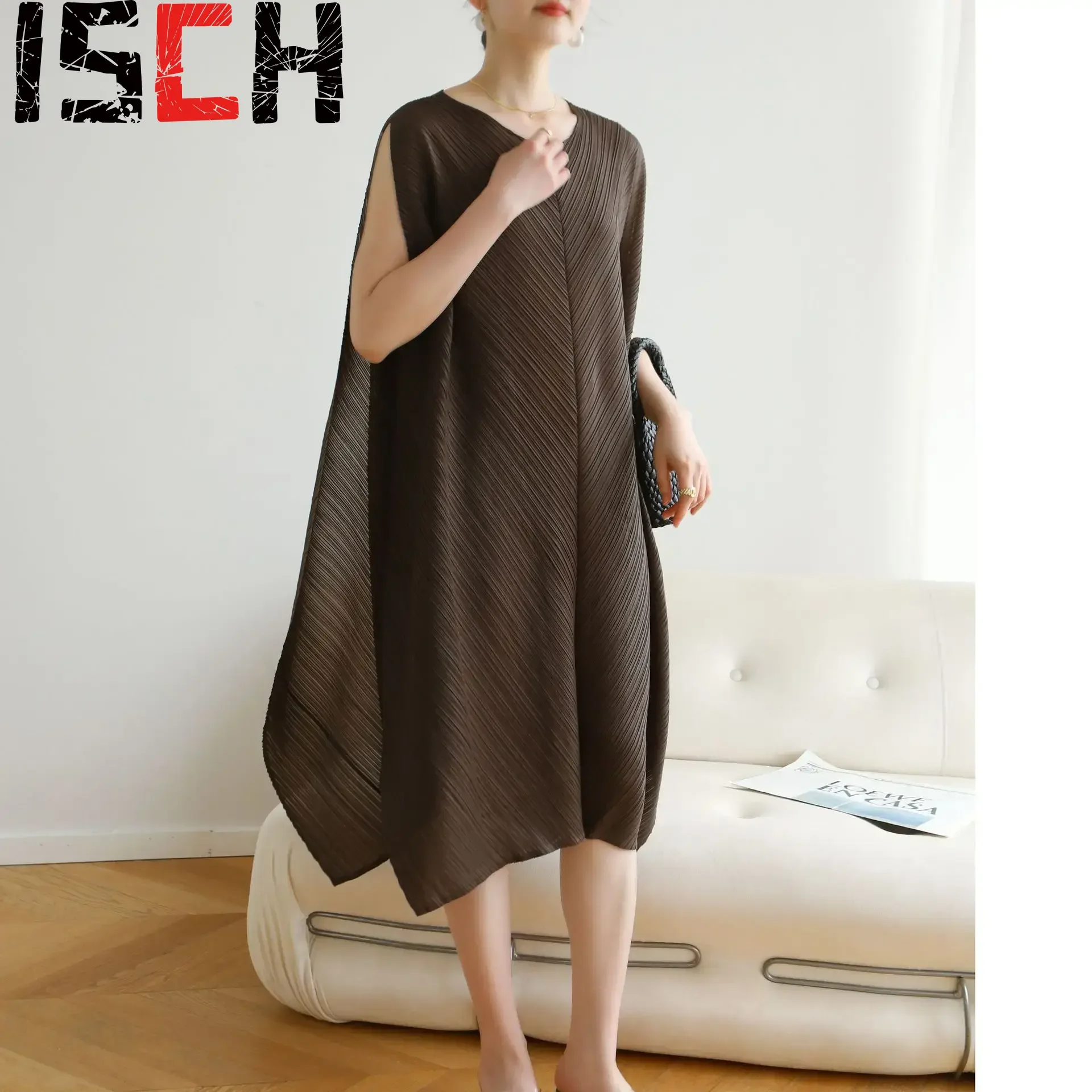 ISCH Miyake Pleats Dresses 2025 Summer High-end Pleats Niche Fashion Casual Vacation Style Loose Casual Dresses Women Clothing