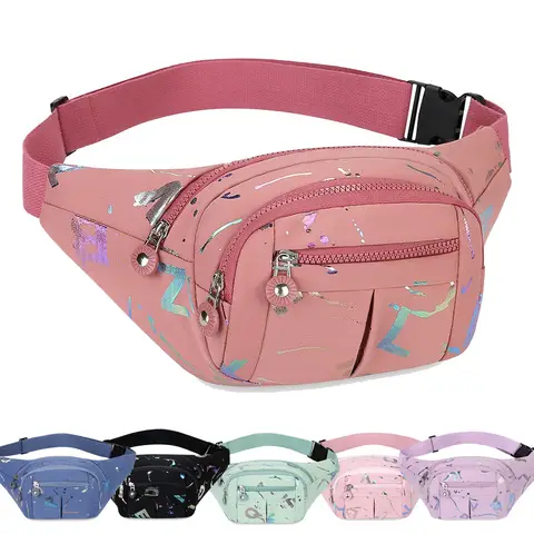 Casual Trendy Waist Bag Women Lightweight Oxford Fabric Print Stitching Multi-Pocket Fanny Pack Daily Commute Bags