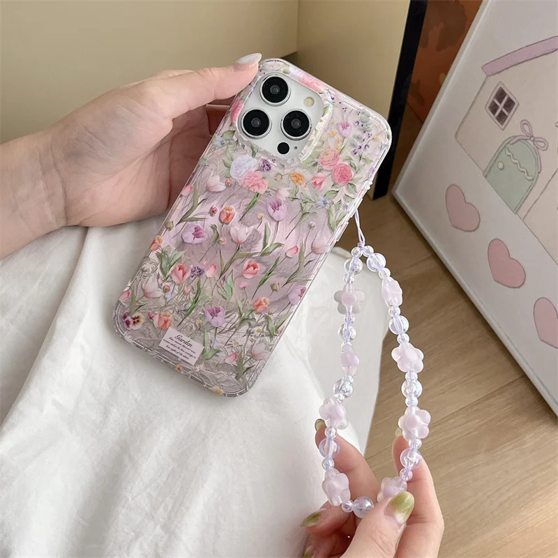 

Korean Ins Flower Cute Phone Case For iPhone 16 Pro 15 14 13 Pro Max Cover with Chain Shockproof Silicone Cases For Apple 15Pro